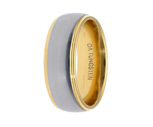 Sliver Plated Tungsten Ring With Yellow Gold Plated Beveled Edges (8mm)